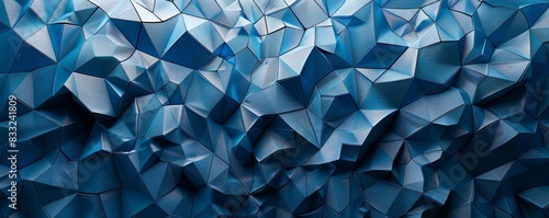 Blue 3D tessellated shapes with interlocking patterns, creating a complex geometric abstract background
