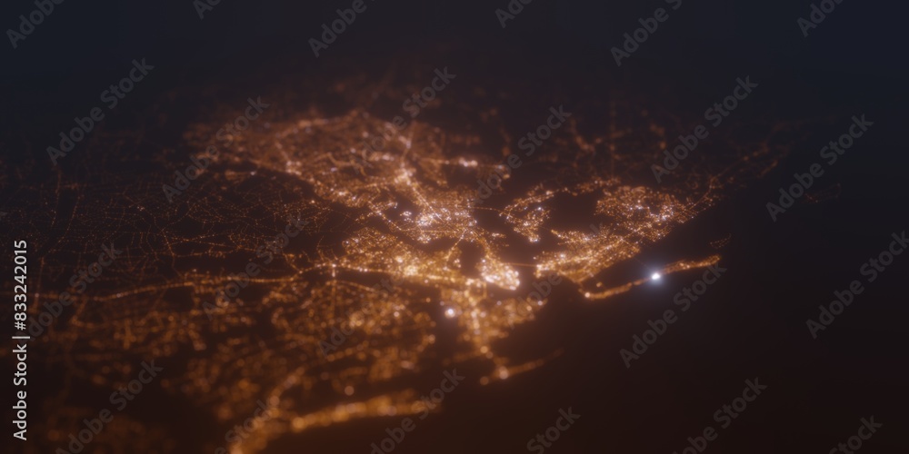 Street lights map of Charleston (South Carolina, USA) with tilt-shift effect, view from south. Imitation of macro shot with blurred background. 3d render, selective focus Street lights map of Charleston (South Carolina, USA) with tilt-shift effect, view from south. Imitation of macro shot with blurred background. 3d render, selective focus