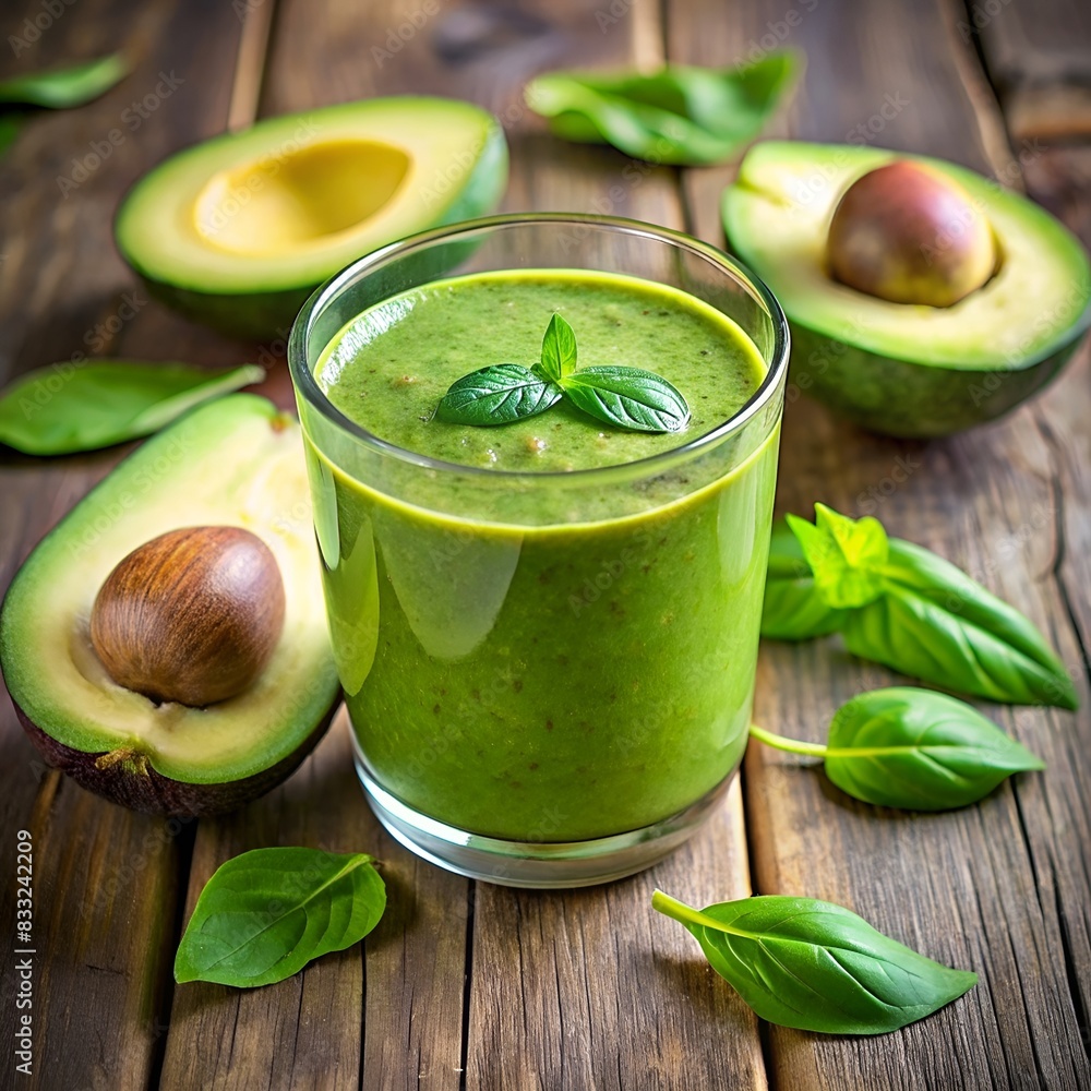 Fresh green avocado smoothie in a glass with basil leaves on a rustic wooden table Fresh green avocado smoothie in a glass with basil leaves on a rustic wooden table