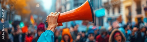 A human hand holding a vibrant megaphone in a bustling street protest with a blurred, energetic background