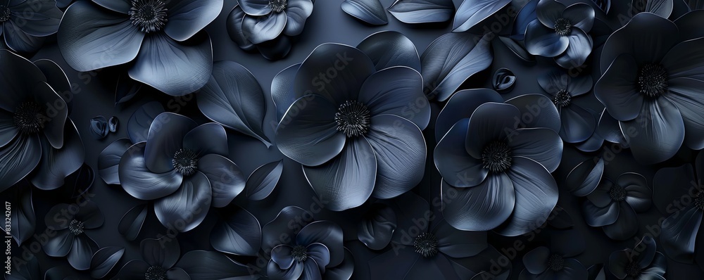 Black 3D abstract floral patterns with soft petals, creating an elegant background Black 3D abstract floral patterns with soft petals, creating an elegant background