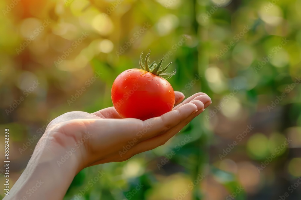 custom made wallpaper toronto digitalA human hand presenting a ripe tomato in a vibrant garden with a blurred, natural background