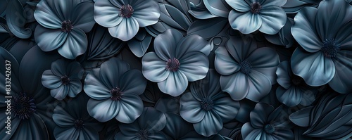 Black 3D abstract floral patterns with soft petals, creating an elegant background photo