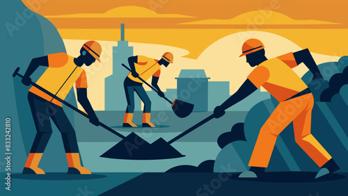 The repetitive sound of shovels scooping and dumping coal echoes through a vast facility as workers tirelessly remove waste materials.. Vector illustration