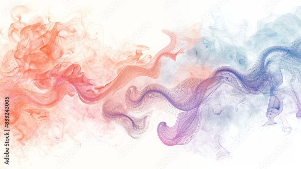 Fototapeta premium Colorful abstract smoke illustration blending red, purple, and blue hues, creating a mesmerizing and dynamic visual effect on a white background.