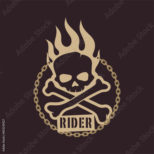 Vector skull and crossbones with flames inside circle of chain and inscribed "RIDER" Isolated on white background.