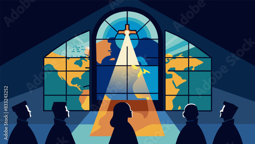The light of a stained glass window falls upon the map adding to the solemn and sacred atmosphere as the congregation prays for the success of their. Vector illustration