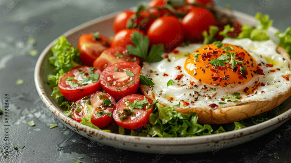 An appetizing breakfast of fried eggs, cherry tomatoes and herbs in a light plate. Breakfast food on a white background. Food concept. An appetizing breakfast of fried eggs, cherry tomatoes and herbs in a light plate. Breakfast food on a white background. Food concept.