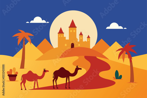 Sahara Desert Travel Tour Camel Arabian Culture vector Illustration