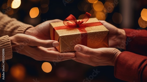 Male gives a gift to female with blurred background. photo