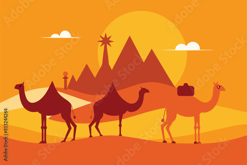 Sahara Desert Travel Tour Camel Arabian Culture vector Illustration