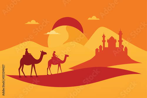Sahara Desert Travel Tour Camel Arabian Culture vector Illustration