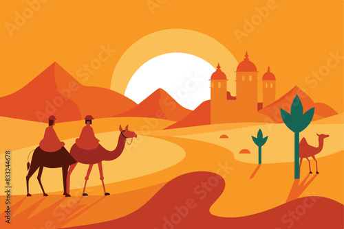 Sahara Desert Travel Tour Camel Arabian Culture vector Illustration