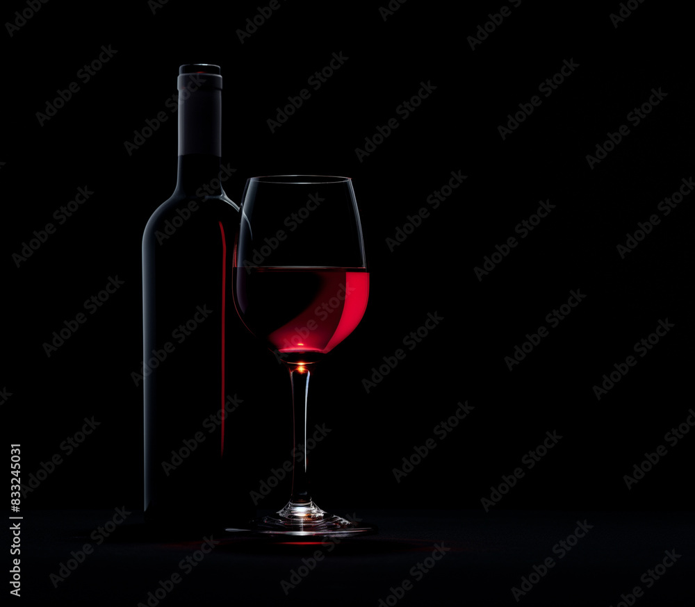 Glass with red wine and bottle next to it on a black background Glass with red wine and bottle next to it on a black background