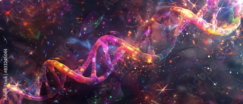 A surreal depiction of a DNA double helix with vivid © Sweettymojidesign