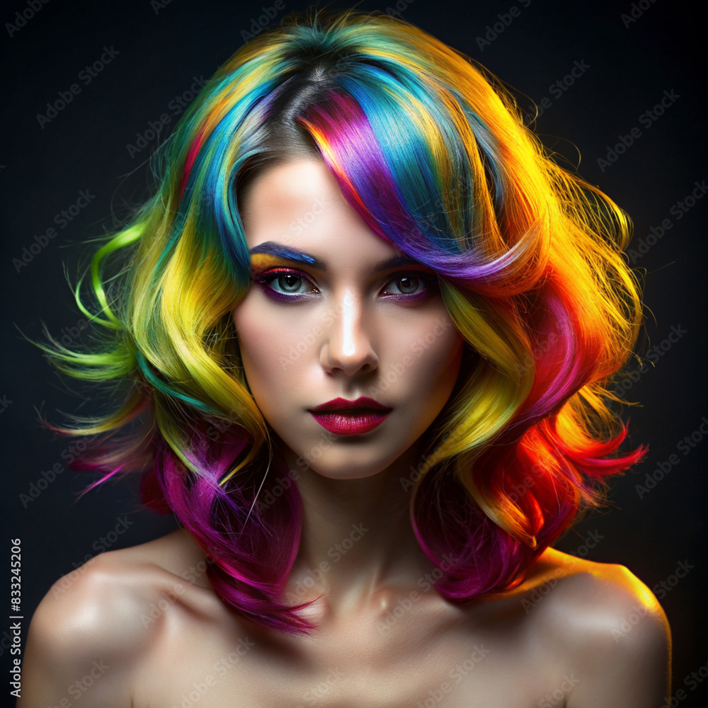 Fototapeta premium Portrait of a woman with vibrant rainbow-colored hair on a dark background