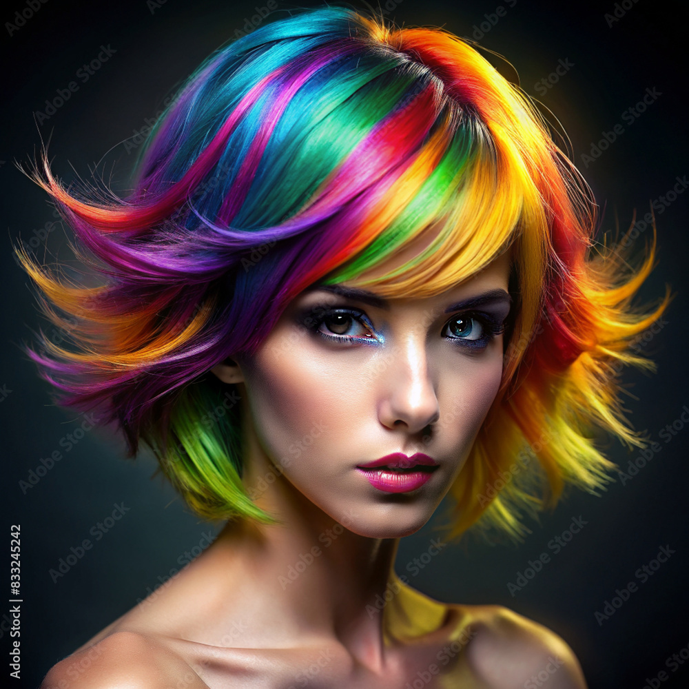 Fototapeta premium Portrait of a woman with vibrant rainbow-colored hair on a dark background