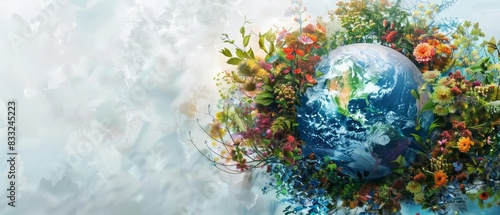 A surreal globe partially submerged in a sea of colorful flowers and plants