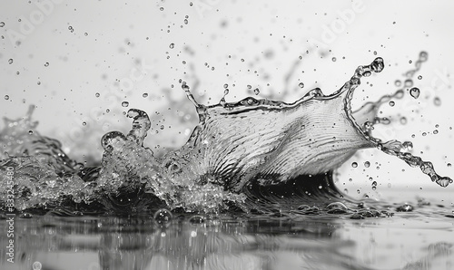 Dynamic Water Splash on White Background Capturing High-Speed Motion and Elegance in Black and White photo