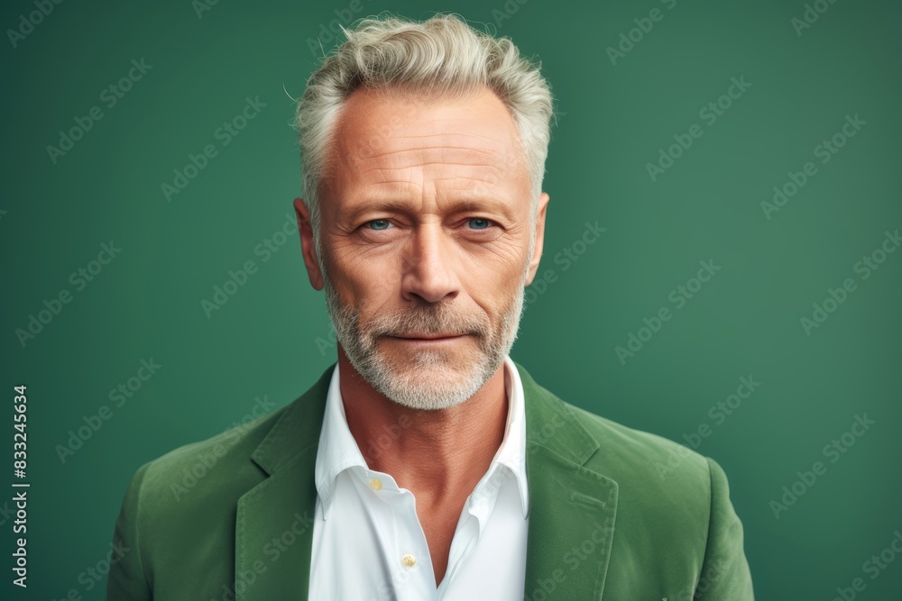 Fototapeta premium A man with a seductive expression, aged 45 and older, against a light green backdrop
