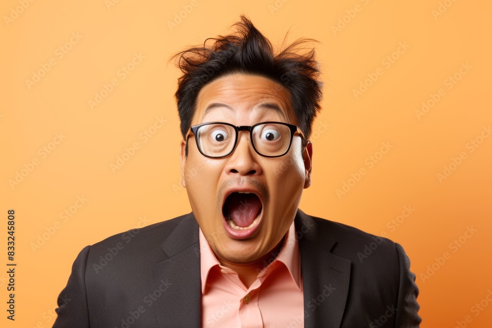Middle-aged man, aged 40-45, of Asian descent, with a startled expression on a light peach background Middle-aged man, aged 40-45, of Asian descent, with a startled expression on a light peach background