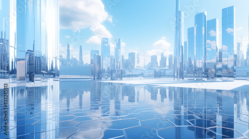 A fantastic glass city from the future. Tall buildings made of glass. Future city concept. Urban architecture, megalopolis infrastructure in light. © decorator