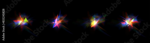 Rainbow light rays, lens flare, reflection effect from crystal, glass or gem. Vector realistic illustration set of light leak effect with spectrum glare, prism refraction, lens flare	