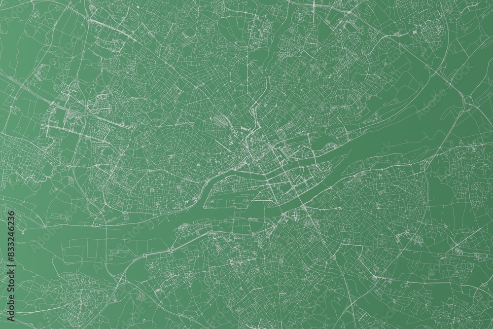 Fototapeta premium Stylized map of the streets of Nantes (France) made with white lines on green background. Top view. 3d render, illustration