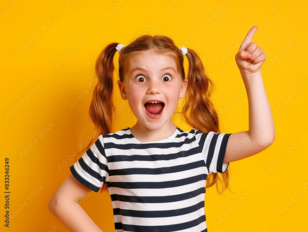 Excited Girl with Pigtails Pointing Up Against Yellow Background Excited Girl with Pigtails Pointing Up Against Yellow Background