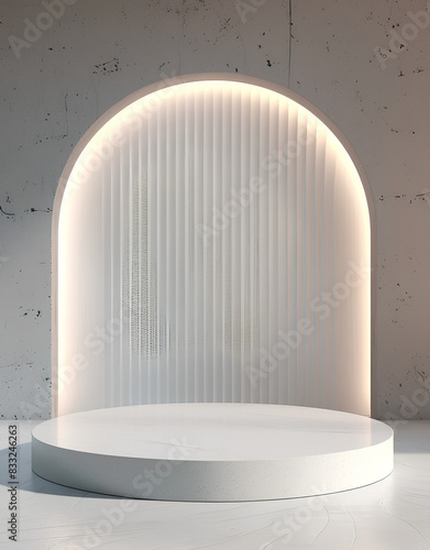  White podium with soft lighting and an archshaped light on the background. The display stand is made of plastic material, creating a minimalist design.  photo