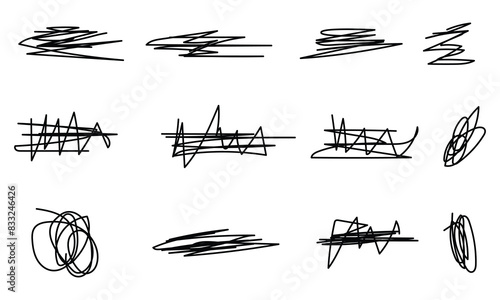 Abstract set of scribble doodles. Scribble brush strokes vector set. Hand drawn marker scribbles. Black pencil sketches. Hand drawn lines, squiggles, daubs isolated with white background. 11.55. photo