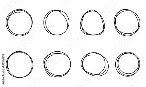 Hand drawn circle line sketch. circular scribble doodle round circles for message note mark design element with collection of different brush drawn black circles. Marker round elements with artboard.