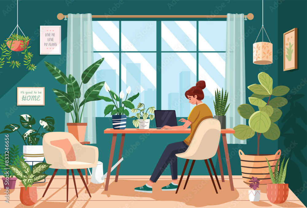 Fototapeta premium Woman Working from Home in Plant-Filled Room (Flat Design Illustration)