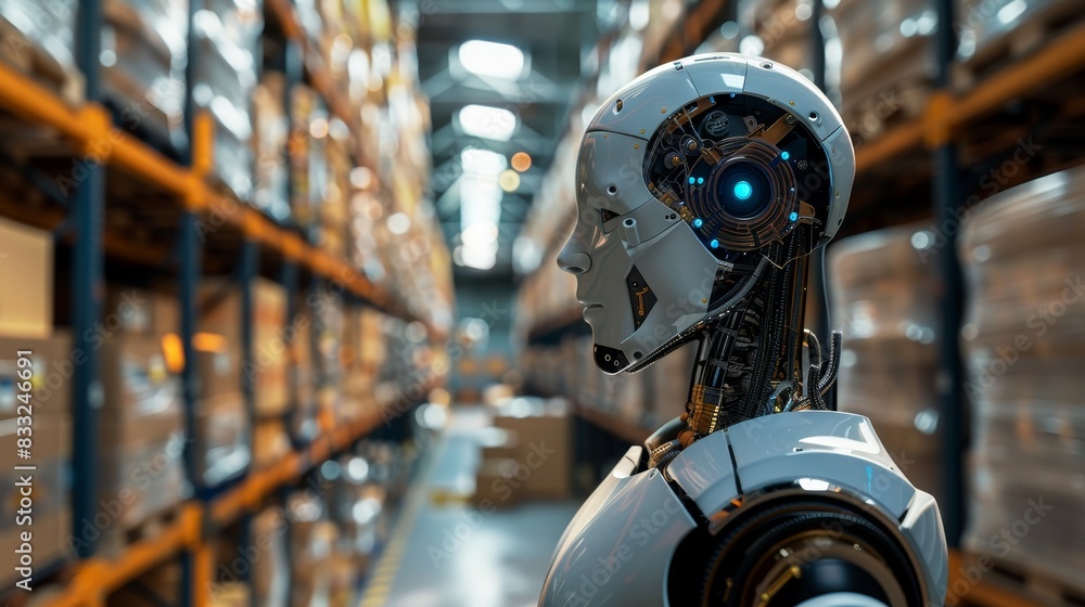 A humanoid robot navigates a storage facility A humanoid robot navigates a storage facility
