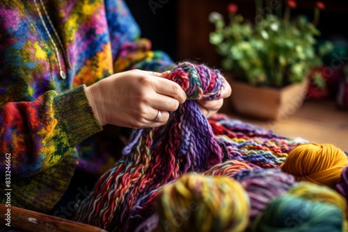 A woman’s hands knitting a scarf with colorful yarn in the foreground