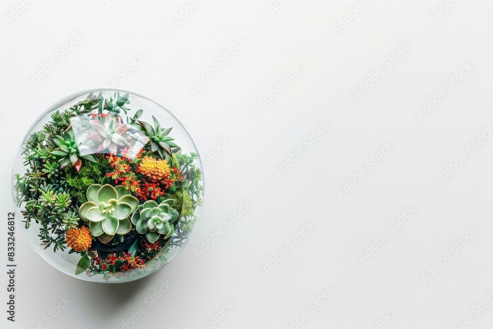 Top view of a miniature globe with flourishing plants and flowers Top view of a miniature globe with flourishing plants and flowers