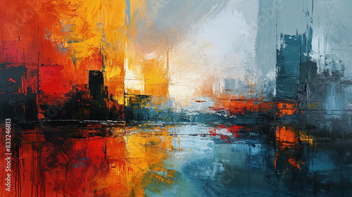 Colorful Oil Painting Of Cityscape With Brush Strokes Vibrant Background