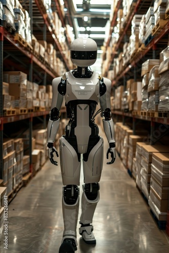  A humanoid robot navigates a storage facility