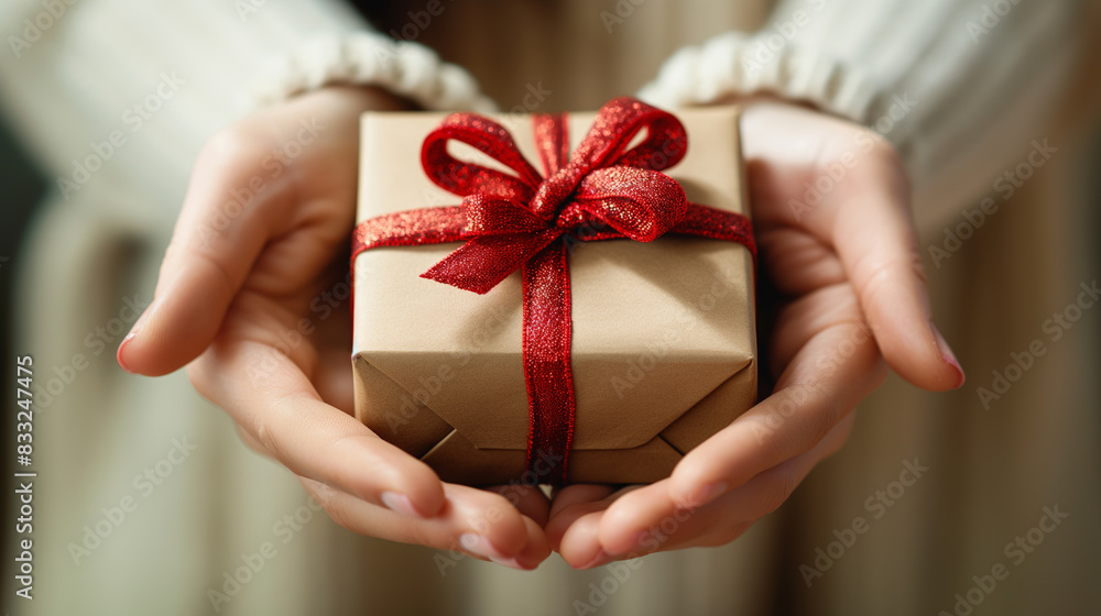Closeup of a woman holding a beautifully wrapped gift box Closeup of a woman holding a beautifully wrapped gift box