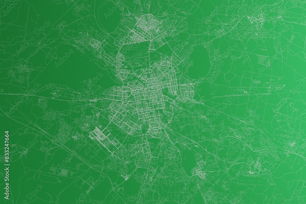 Fototapeta premium Map of the streets of Yekaterinburg (Russia) made with white lines on green paper. Rough background. 3d render, illustration