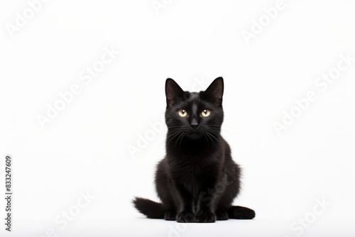 Beautiful black kitten sitting looking at the camera, on a white background. Copyspace.
