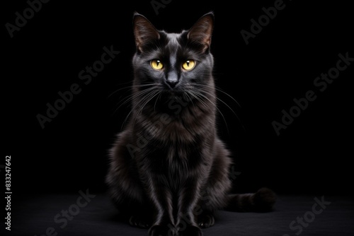 Beautiful black cat on a black background. Close-up.