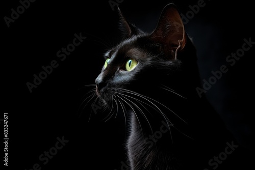 Beautiful black cat on a black background. Close-up.