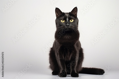 Beautiful black cat sitting looking at the camera, on a white background.