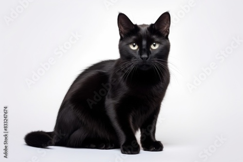 Beautiful black cat sitting looking at the camera, on a white background.