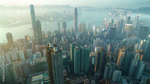 The background featured a busy urban skyline  with towering skyscrapers and a bustling city below  capturing the essence of modern life.