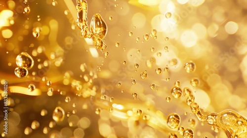 Golden fluid oil, vertical movement, clear bubbles, intricate details, sharp focus photo