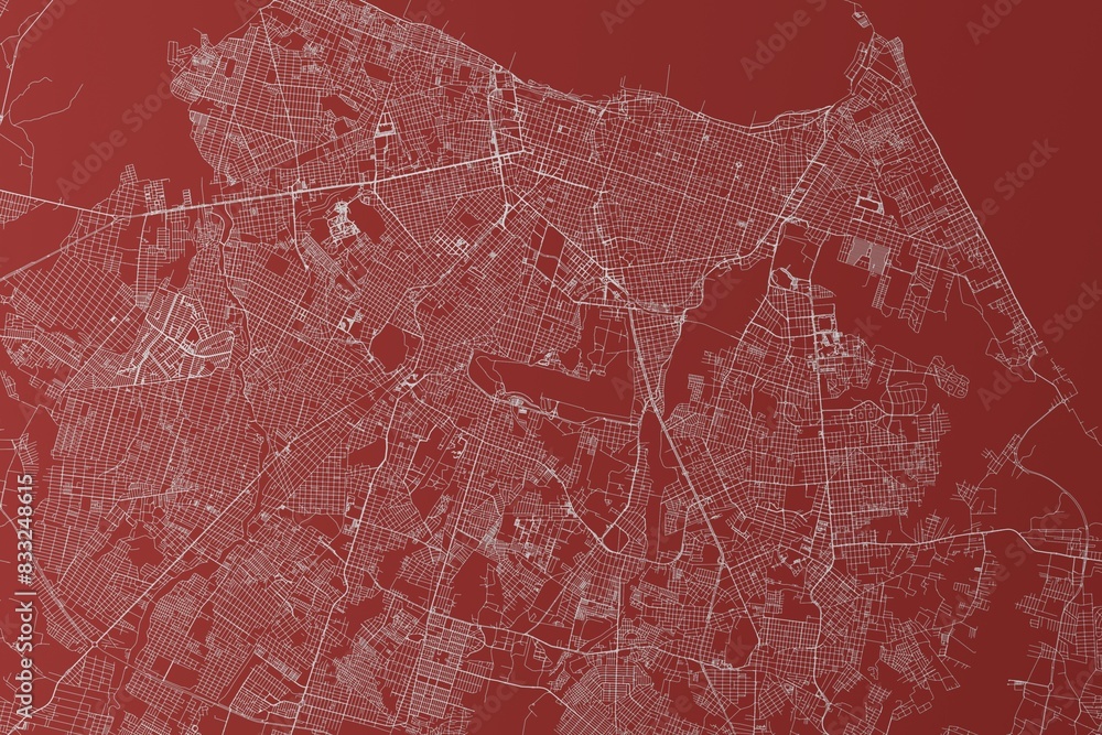 Fototapeta premium Map of the streets of Fortaleza (Brazil) made with white lines on red background. Top view. 3d render, illustration