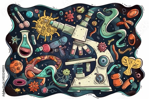 Cartoon cute doodles of a microscope with x-ray lenses  magnifying tiny organisms and cellular structures  Generative AI