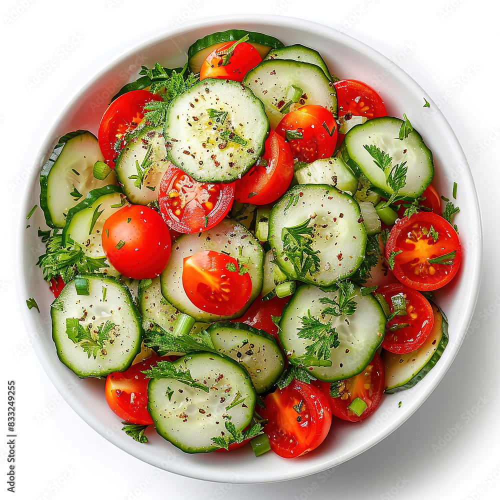 salad with cucumber and tomatoes, top view, isolated on white background salad with cucumber and tomatoes, top view, isolated on white background